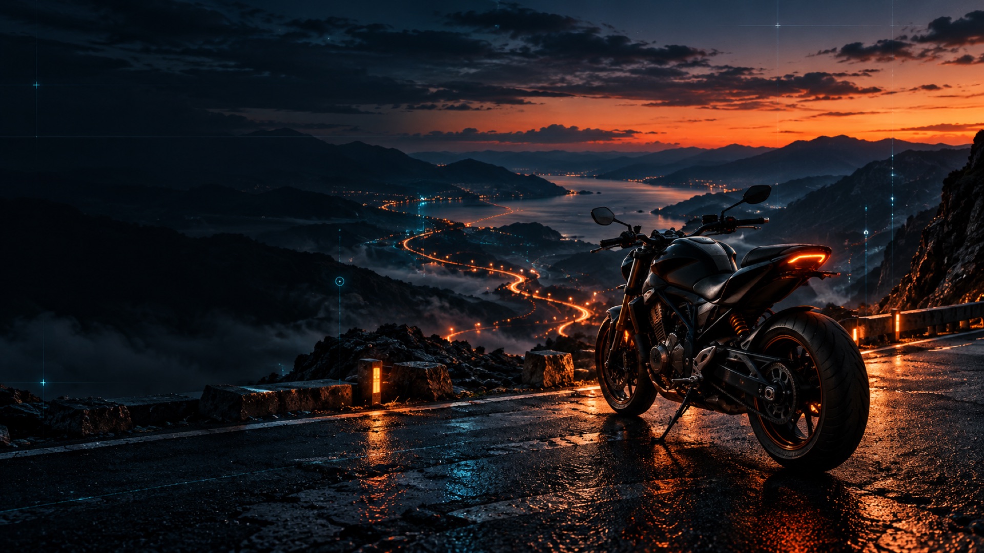 Dağ yolunda gün batımına bakan motosiklet